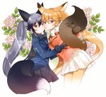  :o alternate_hairstyle animal_ears black_bow black_gloves black_neckwear black_skirt blazer blonde_hair blue_jacket blush bow bowtie breasts brown_eyes cheek-to-cheek cowboy_shot cropped_legs eyebrows eyebrows_visible_through_hair eyelashes ezo_red_fox_(kemono_friends) floral_background flower fox_ears fox_tail from_side fur-trimmed_sleeves fur_trim gloves gradient gradient_hair gradient_legwear grey_hair hair_between_eyes hand_on_another's_hip holding_tail jacket kemono_friends leaf long_hair long_sleeves looking_at_viewer medium_breasts multicolored multicolored_clothes multicolored_hair multicolored_legwear multiple_girls necktie open_mouth orange_jacket outline pantyhose pink_flower pleated_skirt shiosoda silver_fox_(kemono_friends) silver_hair skirt smile tail tsurime twintails two-tone_hair two-tone_legwear very_long_hair white_background white_bow white_hair white_legwear white_neckwear white_outline yellow_legwear yellow_neckwear yuri 