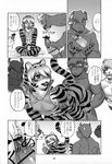  anal anal_penetration animal_genitalia anthro anus aoi_takayuki balls bovine butt cattle comic erection feline fur girly hair horn japanese_text lube male male/male mammal monochrome muscular nipples nude open_mouth penetration penis simple_background slut_kitty smile standing stripes text tiger 