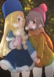  2girls black_hair blonde_hair blue_hat blush braid breath brown_eyes chorimokki creatures_(company) fur_hat fur_trim game_freak green_eyes hand_holding hat jacket lillie_(pokemon) long_hair long_sleeves mizuki_(pokemon) multiple_girls nintendo open_mouth orange_scarf pokemon pokemon_(game) pokemon_sm pom_pom_(clothes) red_hat scarf short_hair twin_braids yuri 