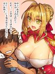  1girl ahoge blonde_hair blush breasts brown_hair center_opening commentary_request dress faceless faceless_male fate/extella fate/extra fate_(series) green_eyes hair_bun hair_ribbon highres large_breasts melon22 nero_claudius_(fate) nero_claudius_(fate)_(all) nintendo_switch open_mouth red_dress ribbon translation_request 