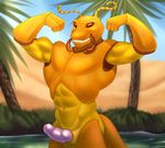  2017 abs ant antennae anthro arthropod biceps flexing insect looking_at_viewer male marsel-defender muscular muscular_male navel nude oasis pecs penis sand smile solo tree water 