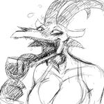  alcohol beverage big_breasts black_and_white blush breasts cleavage clothed clothing demon drinking drunk glass hladilnik horn huge_breasts lucy_(hladilnik) monochrome open_mouth sharp_teeth solo teeth tongue tongue_out wine 