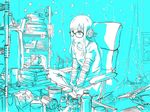  1girl ahoge alarm_clock atelier_gokujou book can chair chopsticks clock cup cup_ramen curtains glasses headphones indian_style indoors jack_frost jacket long_hair monitor monochrome mug persona persona_5 router sakura_futaba sitting sketch solo star striped 