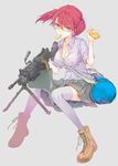  blue_eyes boots eating firearm fuyuno_haruaki glasses grey_background gun highres holding holding_weapon little_armory looking_at_viewer m249 machine_gun original pink_hair simple_background skirt solo thighhighs weapon 
