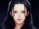  1girl black_background black_hair blue_eyes cdash817 closed_mouth eyelashes face lens_flare light_particles lips long_hair looking_at_viewer nico_robin one_piece portrait realistic smile solo sparkle spot_color 