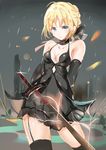  aqua_eyes artoria_pendragon_(all) artoria_pendragon_(lancer) bad_id bad_pixiv_id bare_shoulders black_dress blonde_hair breasts bxr cleavage collar collarbone cosplay dress elbow_gloves fate/grand_order fate/stay_night fate_(series) gloves hair_ornament hair_ribbon looking_at_viewer medium_breasts ribbon saber_alter saber_alter_(cosplay) short_hair sleeveless sleeveless_dress solo standing sword thighhighs twintails weapon 