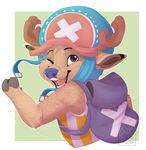 anthro antlers armor backpack cervine clothed clothing deer headwear helmet horn looking_at_viewer maid. male mammal one_piece open_mouth smile solo tony_tony_chopper 
