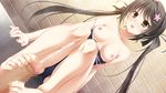  1girl bare_shoulders barefoot black_hair blush breasts brown_eyes cum ejaculation feet footjob hair_ribbon hairclip kissbell long_hair medium_breasts open_mouth pov school_swimsuit strap_slip toes topless twintails 