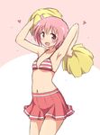  ahoge armpits blush bra breasts cheerleader eyebrows_visible_through_hair heart looking_at_viewer mel_(melty_pot) navel nonohara_yuzuko open_mouth pink_eyes pink_hair pom_poms red_bra short_hair sideboob small_breasts smile solo striped striped_bra underwear yuyushiki 