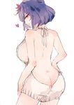  ass back backboob breasts bura butt_crack from_behind hair_ornament halterneck hand_on_hip heart highres large_breasts leaf_hair_ornament looking_back mature meme_attire purple_hair red_eyes short_hair smile solo sweater touhou virgin_killer_sweater yasaka_kanako 