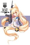  animal_ears artist_name assault_rifle bangs blonde_hair blue_eyes blush camisole character_name commentary_request eyebrows_visible_through_hair fatkewell floating_hair g41_(girls_frontline) girls_frontline gun h&amp;k_g41 hair_between_eyes heterochromia holding holding_gun holding_weapon long_hair looking_at_viewer mechanical_arm navel parted_lips red_eyes rifle signature solo upper_body very_long_hair weapon 