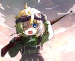  ahoge assault_rifle bayonet black_gloves blonde_hair blood blood_on_face bloody_clothes blue_eyes commentary_request gloves goggles gun hair_between_eyes holding holding_gun holding_weapon karaage_(torikkk) light long_sleeves looking_at_viewer military military_uniform one_eye_closed open_mouth over_shoulder rifle short_hair sky solo tanya_degurechaff uniform weapon weapon_over_shoulder youjo_senki younger zipper 