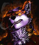  2017 abstract_background angry anthro beyle canine cigarette clothed clothing faraden female fox glowing glowing_eyes mammal piercing ratte smile solo 