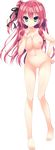  ass_visible_through_thighs barefoot breasts full_body green_eyes hair_ribbon hand_on_hip highres index_finger_raised large_breasts long_hair looking_at_viewer nae-nae navel nekohana_korone nipples no_pussy nude official_art one_side_up pink_hair ribbon smile solo transparent_background wan_nyan_a_la_mode! 