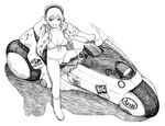  akira boots breasts front-tie_bikini front-tie_top greyscale ground_vehicle headphones jacket large_breasts monochrome motor_vehicle motorcycle navel nitroplus open_mouth shadow sitting sleeves_pushed_up smile solo super_sonico traditional_media yug 