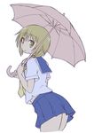  blonde_hair blue_skirt eyebrows_visible_through_hair ichii_yui looking_at_viewer looking_back mel_(melty_pot) necktie open_mouth pink_umbrella pleated_skirt school_uniform school_uniform_(yuyushiki) serafuku skirt solo umbrella yellow_eyes yellow_neckwear yuyushiki 