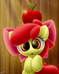  2016 apple apple_bloom_(mlp) bow cute female feral food friendship_is_magic fruit fur hair my_little_pony open_mouth red_hair solo symbianl tongue yellow_fur 