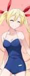  blonde_hair blue_swimsuit bow breasts cleavage closed_eyes collarbone competition_school_swimsuit covered_navel cowboy_shot eyebrows_visible_through_hair hair_bow hair_ribbon kirisaki_chitoge long_hair medium_breasts nisekoi one-piece_swimsuit red_ribbon ribbon school_swimsuit smile solo standing swimsuit twintails 