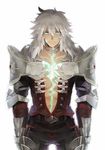  abs armor choker closed_mouth collarbone cowboy_shot dark_skin dark_skinned_male fate/apocrypha fate_(series) hair_between_eyes long_hair looking_at_viewer male_focus muscle pauldrons pectorals ruchi siegfried_(fate) silver_hair simple_background solo 