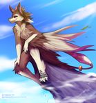  2017 3_toes angiewolf anthro avian bird brown_fur day digitigrade dinosaur eyelashes female fur hybrid nude outside pink_eyes raptor rock sitting sky smile solo standing theropod toes 