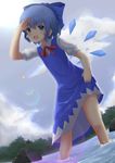  1girl blue_dress blue_eyes blue_hair blue_sky bow cirno cloud day dress eyebrows_visible_through_hair flat_chest hair_bow ice_wings legensegerr looking_at_viewer open_mouth outdoors plant puffy_sleeves red_ribbon ribbon rock sky standing touhou wading water wings 