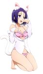  :d animal_ears barefoot bikini blue_hair breasts cat_ears cat_tail cleavage collarbone dress_shirt frilled_bikini frills full_body hair_ornament hairclip highres kneeling medium_breasts off_shoulder open_clothes open_mouth open_shirt paw_pose pink_bikini purple_eyes sairenji_haruna shirt short_hair smile solo swimsuit tail to_love-ru transparent_background white_shirt 