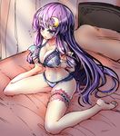  bed blush bow bra breast_hold breasts cleavage collarbone crescent crescent_hair_ornament fifiruu floral_print flying_sweatdrops frilled_panties frills full_body hair_bow hair_ornament legband lingerie long_hair medium_breasts navel on_bed panties parted_lips patchouli_knowledge pillow purple_eyes purple_hair rose_print signature sitting solo stomach touhou underwear underwear_only very_long_hair wariza 