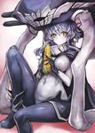  :&lt; ankle_boots bodysuit boots breasts cape corn covered_navel gloves highres kantai_collection large_breasts looking_at_viewer monster pale_skin revision shinkaisei-kan silver_hair sitting solo taishi_(picchiridou) wo-class_aircraft_carrier yellow_eyes 