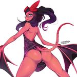  black_hair bottomless breasts butt clothed clothing demon evdokiya female green_eyes hair horn humanoid monster monster_girl_(genre) red_skin simple_background slugbox solo succubus sweat thong underwear white_background wings 