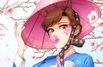  alternate_costume alternate_hairstyle bangs braid brown_eyes brown_hair cherry_blossoms d.va_(overwatch) eyeliner facepaint facial_mark flower french_braid hair_bun hanbok hat highres korean_clothes lips long_sleeves makeup mascara multicolored multicolored_stripes nose outdoors overwatch palanquin_d.va parted_lips petals pink_lips ribbon short_hair skirt solo striped striped_sleeves teeth upper_body upper_teeth whisker_markings white_ribbon zerozero 
