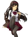  absurdres black_hair black_legwear blazer bow bowtie brown_eyes commentary_request gh_(chen_ghh) hairband highres jacket long_hair md5_mismatch original pantyhose school_uniform simple_background skirt smile solo white_background 