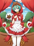  &gt;_&lt; :o animal animal_on_head apron aqua_eyes aqua_hair arm_behind_back bangs blush bow closed_eyes cloud cosplay cowboy_shot curtains day dress frilled_dress frills grass hair_between_eyes hatsune_miku highres hood little_red_riding_hood little_red_riding_hood_(grimm) little_red_riding_hood_(grimm)_(cosplay) looking_at_viewer mikuzukin_(module) on_head open_mouth project_diva_(series) project_diva_2nd red_dress revision ribbon-trimmed_clothes ribbon-trimmed_headwear ribbon-trimmed_legwear ribbon_trim short_hair short_sleeves sky solo standing sudachi_(calendar) theater thighhighs tree vocaloid white_legwear wrist_cuffs 