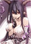  bare_shoulders black_hair blood bloody_clothes bloody_dress breasts cleavage_cutout danua demon_horns draph dress fingerless_gloves gloves granblue_fantasy hand_to_own_mouth highres horns inou_shin large_breasts long_hair looking_at_viewer nervous pointy_ears red_eyes solo white_dress 