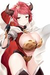  breasts cape cleavage commentary draph granblue_fantasy hews_hack highres horns huge_breasts jitome looking_at_viewer midriff navel pointy_ears pout red_hair short_hair simple_background solo sturm_(granblue_fantasy) sword thighs weapon white_background 