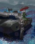  brown_hair camouflage dripping girls_und_panzer ground_vehicle hattori_masahiko long_hair military military_uniform military_vehicle motor_vehicle multiple_girls nishizumi_shiho rain shimada_chiyo skirt standing tank type_10_(tank) umbrella uniform 