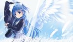  angel_wings blue_eyes blue_hair chtholly_nota_seniorious dress feathered_wings feathers from_side hat hat_removed headwear_removed holding holding_hat light_smile long_hair long_sleeves looking_at_viewer shuumatsu_nani_shitemasu_ka? solo two_side_up ue very_long_hair wings witch_hat 