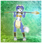  2017 3_toes anthro black_nose blue_fur blue_hair canine clothing dolphydolphiana english_text female footwear fox fur green_eyes hair hair_ornament headband jewelry krystal mammal markings navel necklace nintendo sandals short_hair shoulder_pads signature smile solo staff star_fox tailband text toes tribal video_games weapon white_fur 