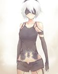  black_leotard blindfold breasts cowboy_shot elbow_gloves expressionless gloves leotard nier_(series) nier_automata parts_exposed robot_joints short_hair short_shorts shorts silver_hair sleeveless solo standing tank_top yorha_no._2_type_b 