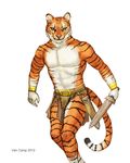  2012 abs cat clothing feline loincloth male mammal melee_weapon solo stripes susan_van_camp sword tiger weapon 