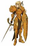  absurdres adapted_costume alternate_costume armor artist_name blonde_hair blue_eyes commentary dc9spot fire_emblem highres long_hair looking_at_viewer metroid no_headwear no_helmet parody pelvic_curtain polearm ponytail samus_aran shield solo spear weapon 