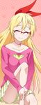  blonde_hair closed_eyes collarbone glasses hair_between_eyes hair_ribbon invisible_chair kirisaki_chitoge long_hair long_legs miniskirt nisekoi pink_shirt pleated_skirt red_ribbon ribbon shiny shiny_skin shirt sitting skirt smile solo very_long_hair yellow_skirt 