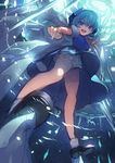  :d bare_legs black_footwear bloomers blue_bow blue_dress blue_eyes blue_hair bow cirno commentary_request dress foreshortening from_below hair_bow highres ice ice_wings icicle light_particles looking_at_viewer neck_ribbon open_mouth pointing pointing_at_viewer puffy_short_sleeves puffy_sleeves red_ribbon ribbon shoes short_hair short_sleeves sketch smile socks solo standing touhou tsukimoto_aoi underwear upskirt white_bloomers white_legwear wings 