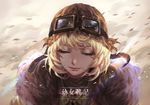  blonde_hair closed_eyes closed_mouth commentary_request copyright_name crying fur_trim goggles goggles_on_head helmet joenny military military_uniform short_hair sky solo tanya_degurechaff tears uniform youjo_senki 