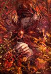  black_hair black_hat burning_eyes buttons cape family_crest fate_(series) flower gloves hands_on_hilt hat highres koha-ace long_hair long_sleeves looking_at_viewer military military_uniform oda_nobunaga_(fate) oda_uri open_mouth red_cape red_eyes signo_aaa solo sparks spider_lily sword turtleneck uniform weapon white_gloves 