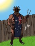  1ceberg anthro apron australia australian_flag biceps bottomless bovid bovine bulge clothed clothing erection erection_under_clothes eyewear glasses grin hand_on_hip hooves horn male mammal mostly_nude muscular muscular_male nipples smile solo standing tom(1ceberg) tongs 