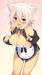  :d animal_ears apron areola_slip areolae bare_shoulders blush bow bowtie breasts breath cat_ears chiri_(atlanta) cleavage cleavage_cutout cosplay covered_nipples detached_sleeves dream_c_club dream_c_club_(series) fang gradient gradient_background hair_between_eyes heart heart-shaped_pupils highres juliet_sleeves large_breasts leaning_forward long_sleeves looking_at_viewer open_mouth original puffy_sleeves short_hair simple_background sleeves_past_wrists smile solo symbol-shaped_pupils waist_apron white_hair yellow_eyes 