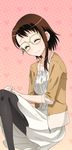  black_legwear brown_hair brown_jacket closed_eyes collarbone dress glasses hands_together invisible_chair jacket nisekoi onodera_kosaki open_clothes open_jacket pantyhose short_hair_with_long_locks sitting smile solo sundress unzipped white_dress 