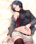  :o arm_at_side armpits artist_name bangs bare_shoulders belt belt_buckle black_hair black_shirt breasts brown_legwear buckle buttons cowboy_shot eyebrows_visible_through_hair eyelashes fingernails from_above grey_jacket groin hand_on_own_stomach hayami_kanade head_tilt idolmaster idolmaster_cinderella_girls jacket jjune large_breasts long_fingernails long_sleeves lying medium_breasts navel on_back open_clothes open_jacket open_mouth parted_bangs parted_lips pink_lips red_belt ribbed_shirt shiny shiny_hair shiny_skin shirt short_hair short_shorts shorts skindentation sleeveless sleeveless_shirt sleeveless_turtleneck solo stomach taut_clothes taut_shirt teeth thighhighs turtleneck white_shorts yellow_eyes 
