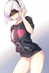  adjusting_hair aki663 black_shirt blindfold blush clothes_writing hair_over_face headband heart highres i_heart... mole mole_under_mouth nier_(series) nier_automata no_pants panties shirt short_hair sketch solo t-shirt thighs underwear white_background white_hair yorha_no._2_type_b 