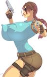  1girl breasts brown_hair erect_nipples fingerless_gloves gigantic_breasts gun holster khaki lara_croft shades tank_top tomb_raider weapon zetarok 